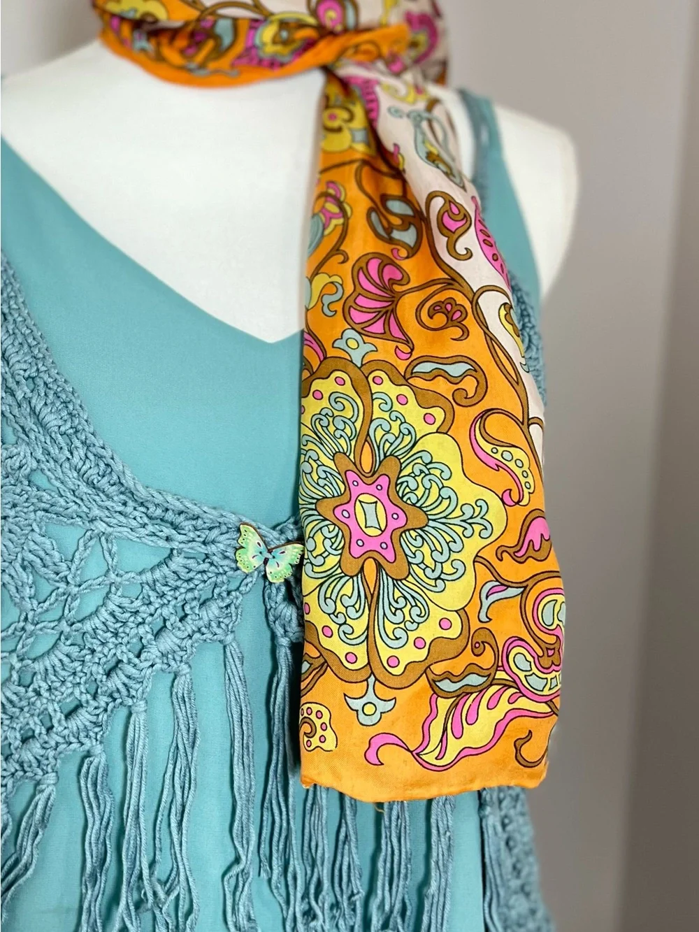 Vintage 1970s 100% Silk Long Paisley Floral Scarf Wrap Orange Boho Festival 🧡